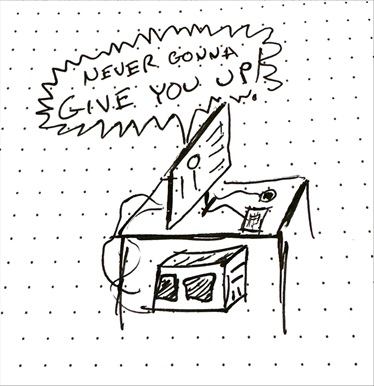 a sketch of a computer desk with a computer that has been 'Rick Rolled'.
